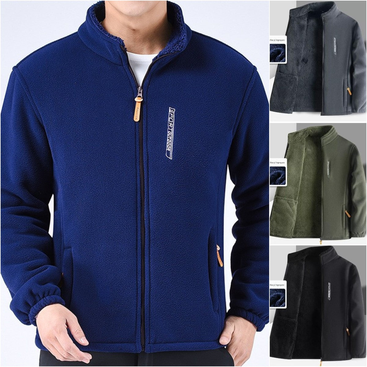 Męska kurtka polarowa (XL-6XL), ze stójką, zapinana na zamek, luźna i wygodna.