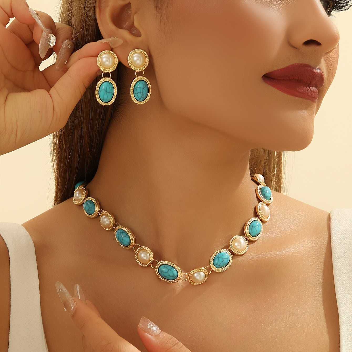 ✨ Colier & Cercei vintage cu perle turcoaz | Set bijuterii premium