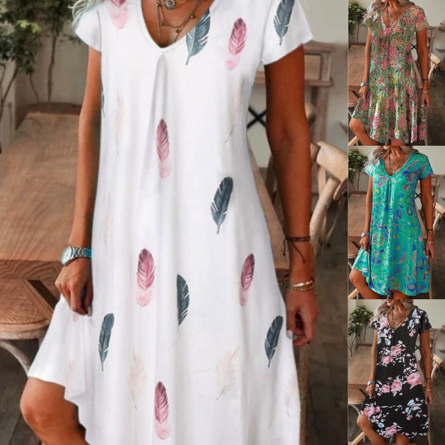 💕【S-5XL】Rochie lejeră de vară cu imprimeu larg, cu decolteu în V și mâneci scurte