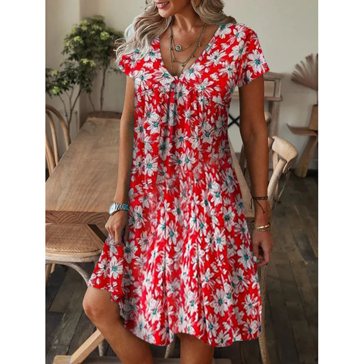 💕【S-5XL】Rochie lejeră de vară cu imprimeu larg, cu decolteu în V și mâneci scurte