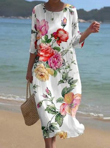🌸🔥【S-8XL】2025 noua rochie cu imprimeu floral decolteu rotund 