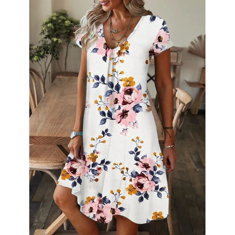 💕【S-5XL】Rochie lejeră de vară cu imprimeu larg, cu decolteu în V și mâneci scurte
