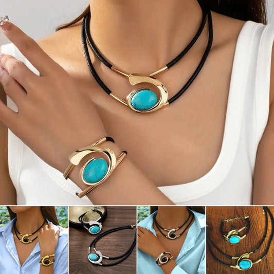 ✨🔥【Compra uno y llévate otro gratis】Conjunto de collar y pulsera de piedras preciosas de estilo bohemio