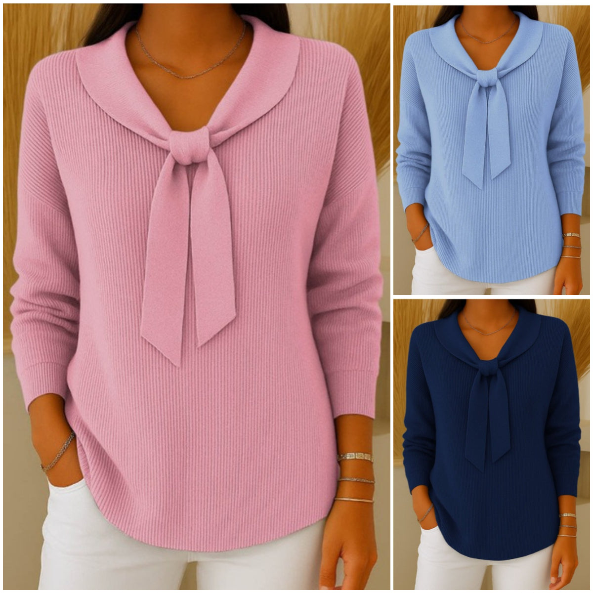 【S-2XL】Sweter damski w jednolitym kolorze z wiązaniem i długim rękawem. Miękka dzianina, elegancka kokarda — idealna na jesień i zimę