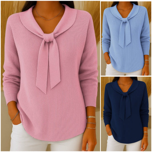 【S-2XL】Sweter damski w jednolitym kolorze z wiązaniem i długim rękawem. Miękka dzianina, elegancka kokarda — idealna na jesień i zimę