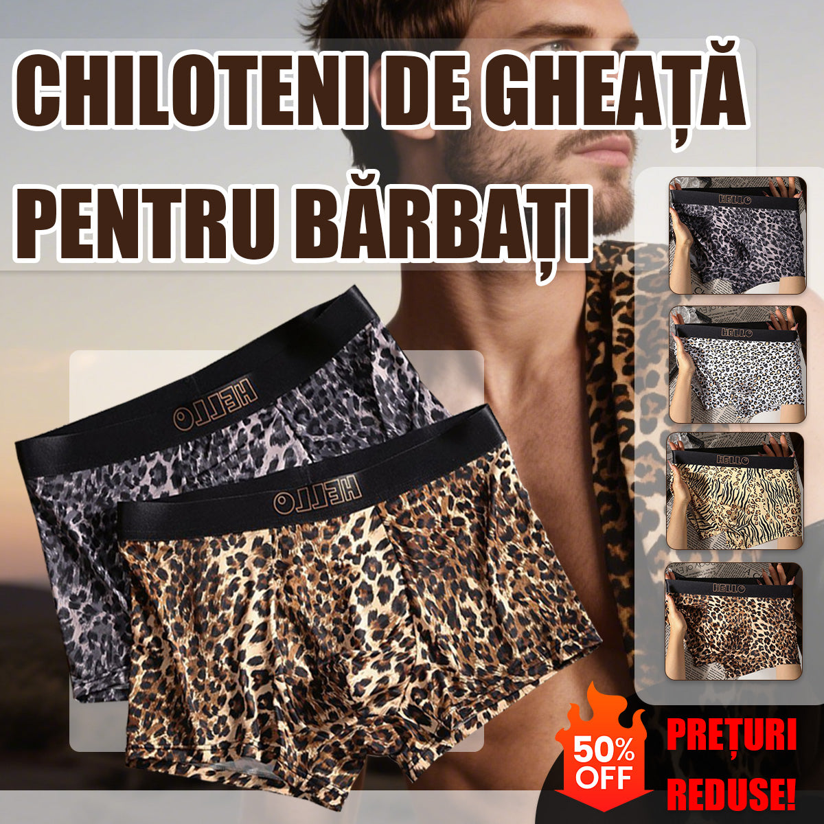 🐆🩲🔥Cumpărați 2 obțineți 2 gratuit🔥Lenjerie intimă bărbătească din mătase glacială, boxer confortabil cu imprimeu leopard, lenjerie intimă bărbătească respirabilă, la modă, cu uscare rapidă