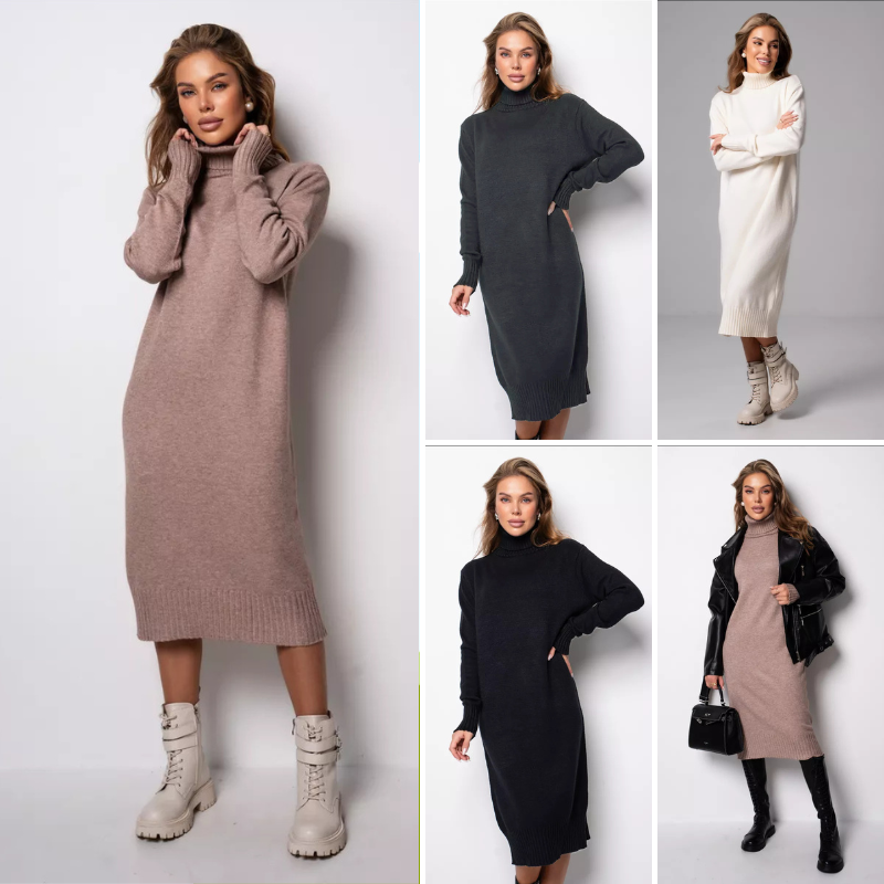 🔥👗Nowy zimowy styl, elegancka dzianinowa sukienka z wysokim dekoltem, stylowa i wyrafinowana.