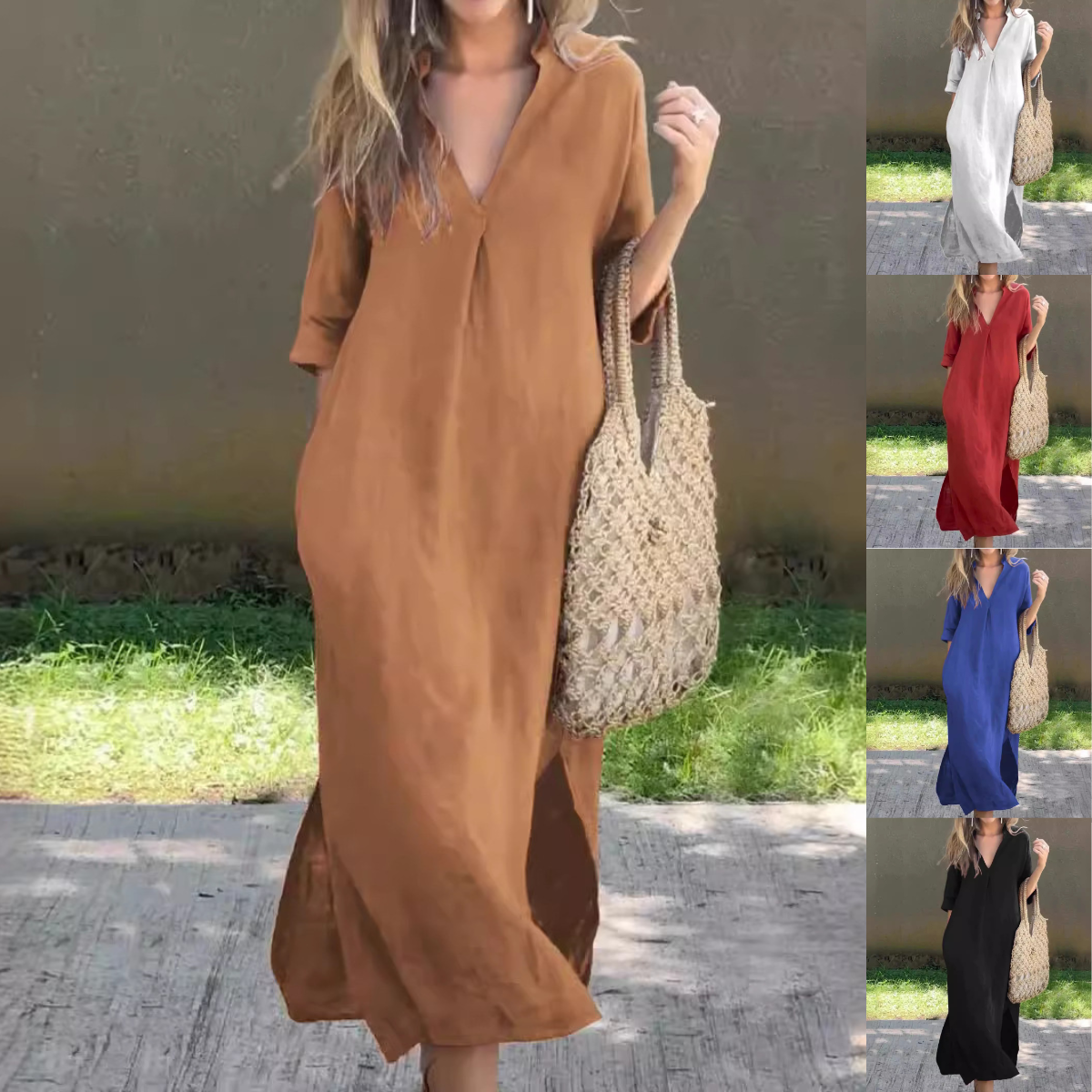 🌿💃【S–3XL】Rochie lungă din în cu decolteu în V și crăpături, confortabilă și ușoară pentru vară 