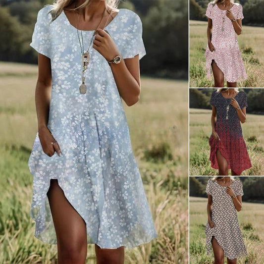 💖【S-3XL】👗2025 nowa sukienka na co dzień z okrągłym dekoltem i nadrukiem na wiosnę i lato