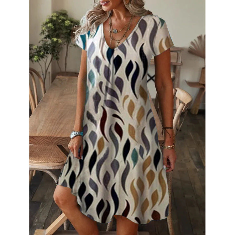 💕【S-5XL】Rochie lejeră de vară cu imprimeu larg, cu decolteu în V și mâneci scurte