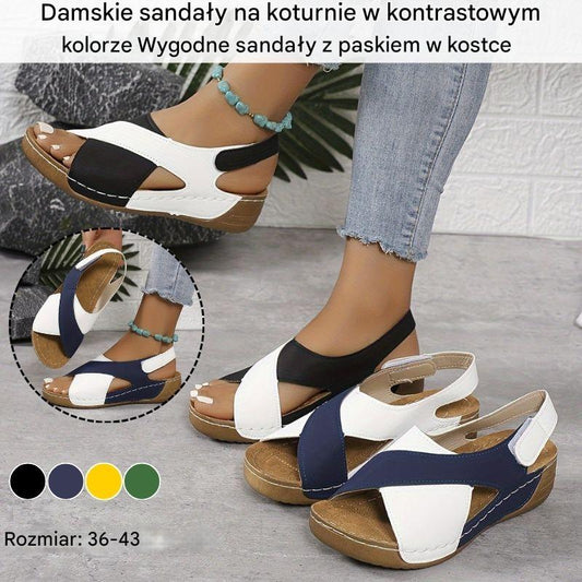 💃【36-43】Damskie sandały na koturnie w kontrastowym kolorze, wygodne sandały z paskiem na kostce