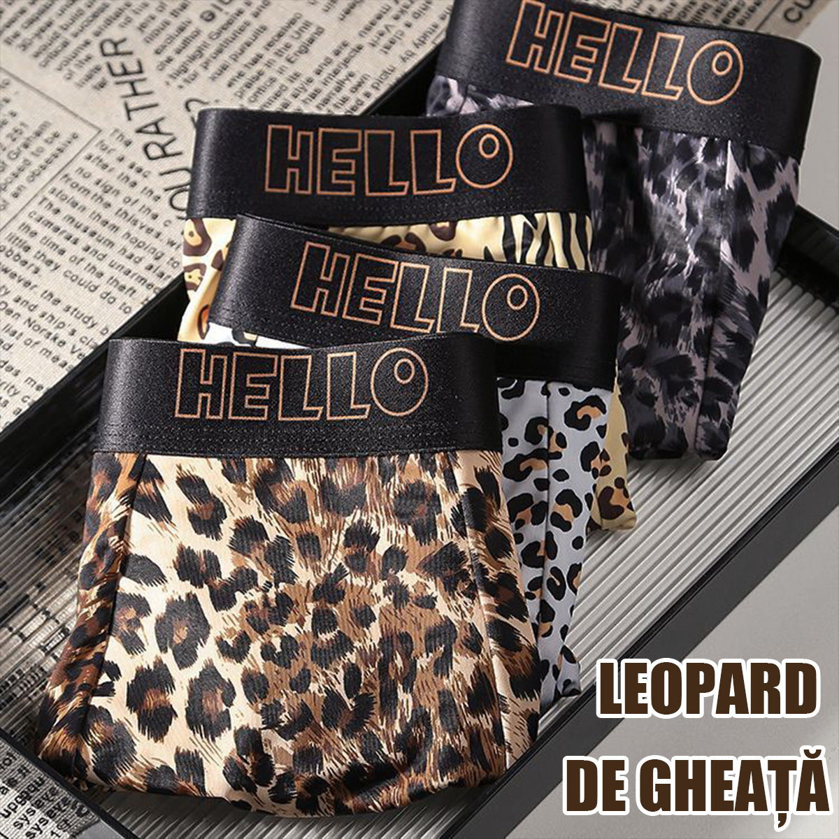 🐆🩲🔥Cumpărați 2 obțineți 2 gratuit🔥Lenjerie intimă bărbătească din mătase glacială, boxer confortabil cu imprimeu leopard, lenjerie intimă bărbătească respirabilă, la modă, cu uscare rapidă