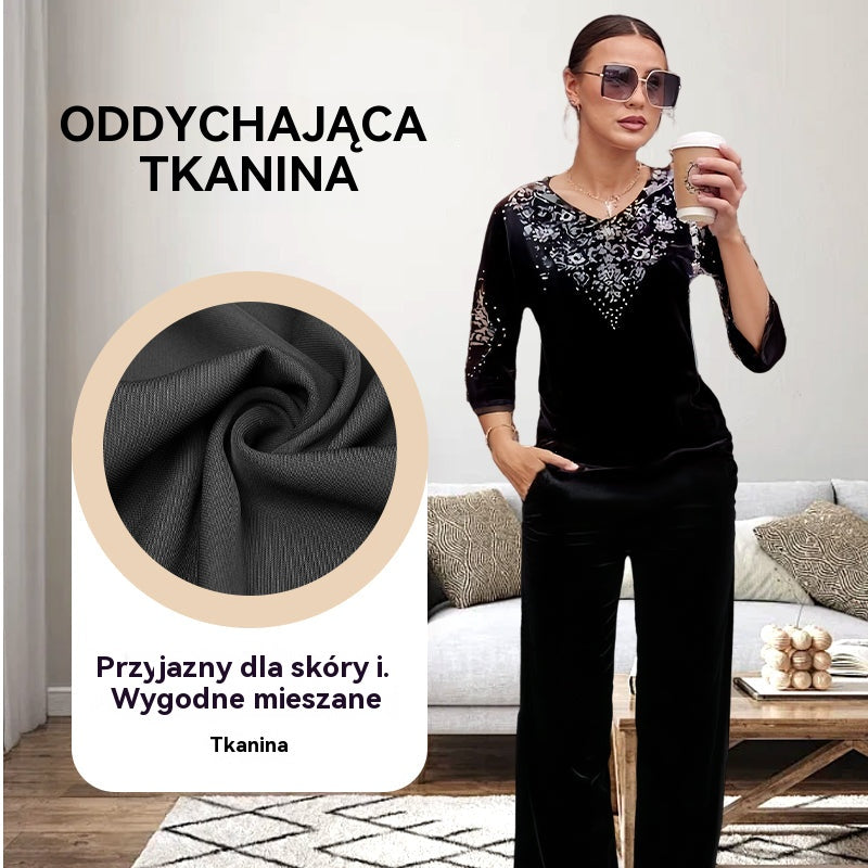 🍁🍂 【50% popust】💜 Ženski žametni komplet topa in hlač s kristali