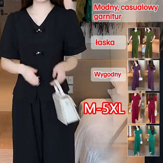 🌸【Top + Spodnie z szerokimi nogawkami】Modny garnitur z lodowego jedwabiu