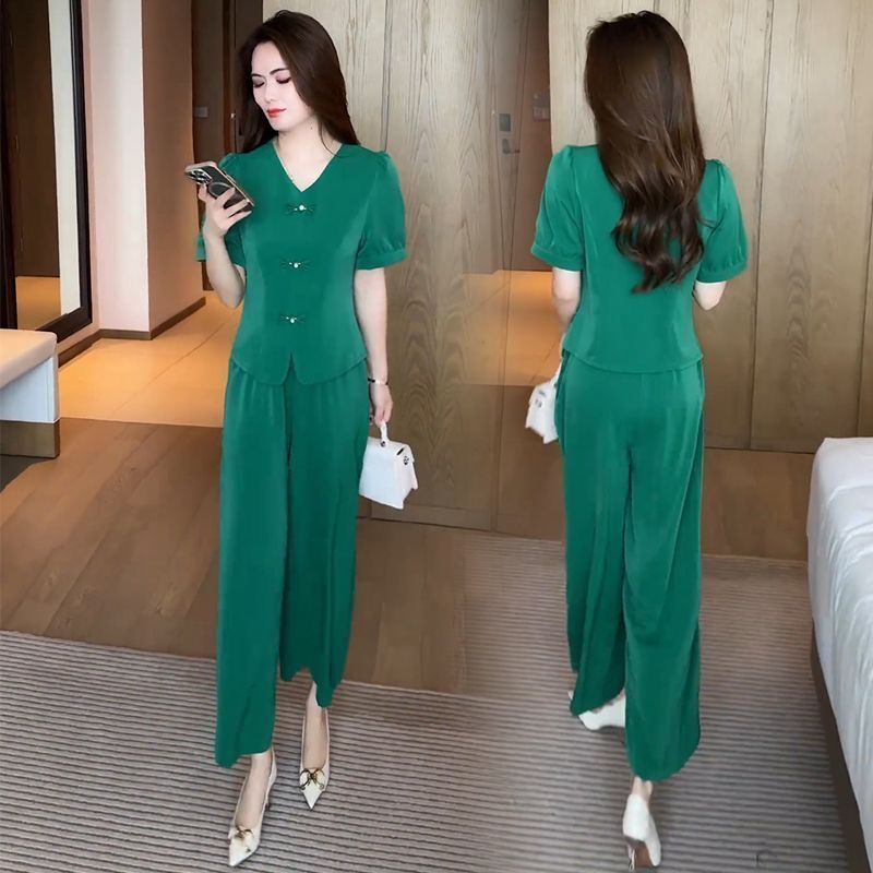 🌸【Top + Spodnie z szerokimi nogawkami】Modny garnitur z lodowego jedwabiu