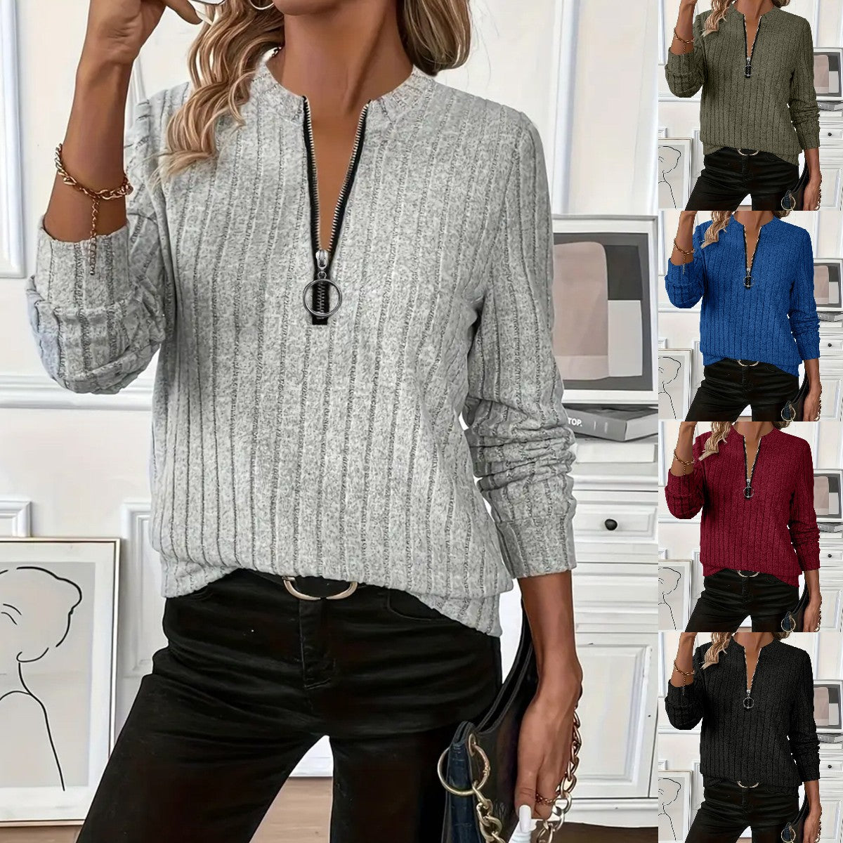 😍💥Nowa modna prosta dzianinowa bluza z długimi rękawami i zamkiem błyskawicznym z 2025 roku