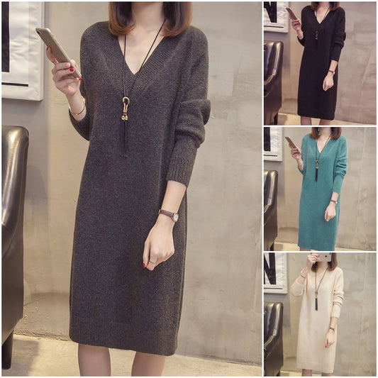 ✨【S-4XL】Nova jesensko/zimska pletena midi obleka z V-izrezom, velikosti Plus Size