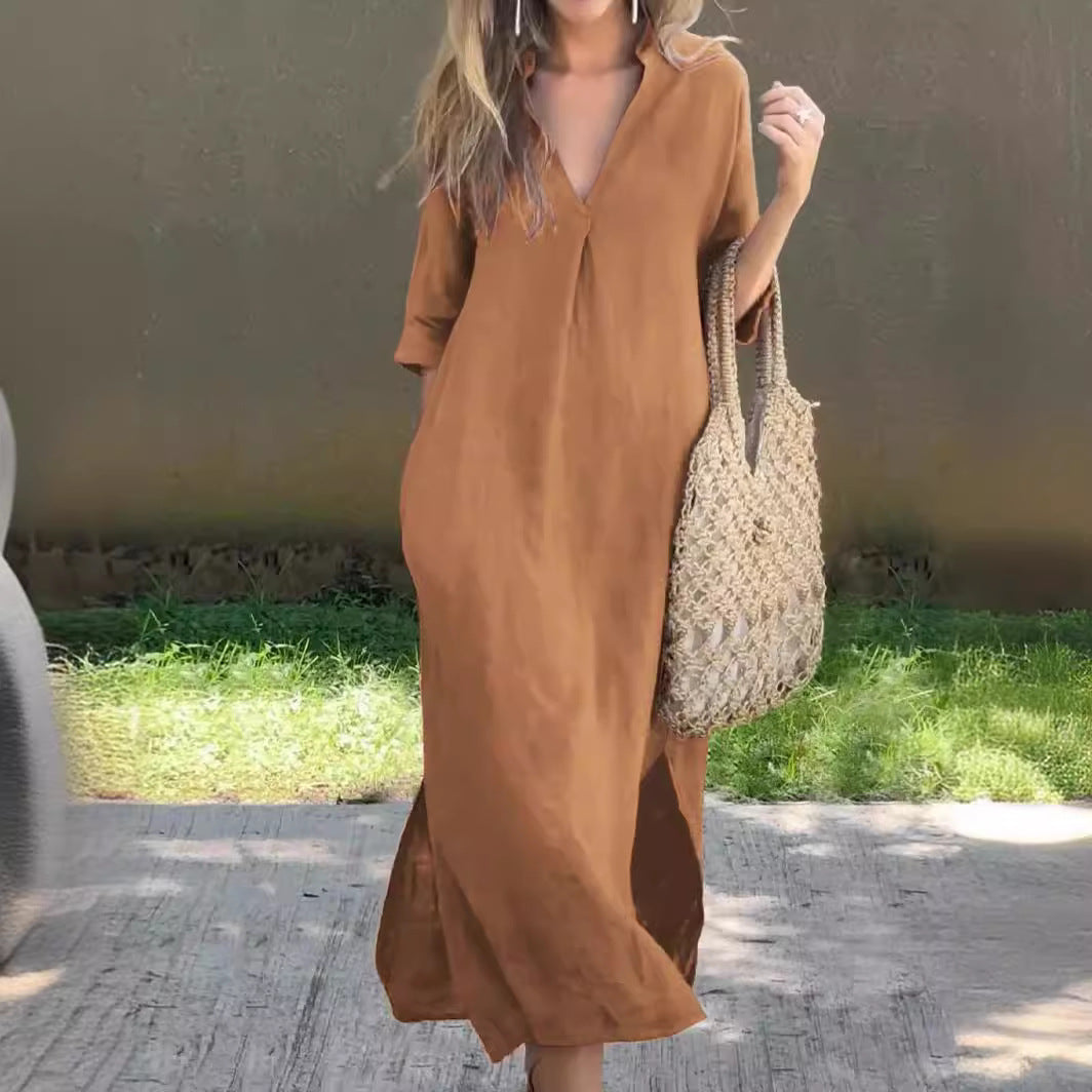 🌿💃【S–3XL】Rochie lungă din în cu decolteu în V și crăpături, confortabilă și ușoară pentru vară 