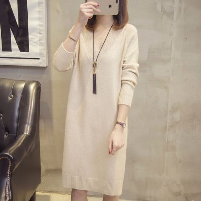 ✨【S-4XL】Nova jesensko/zimska pletena midi obleka z V-izrezom, velikosti Plus Size