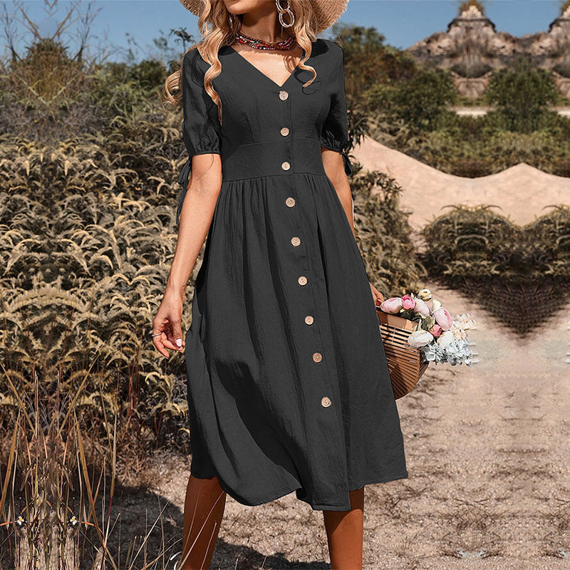 🌸Rochie de culoare uni cu maneca scurta cu decolteu in V