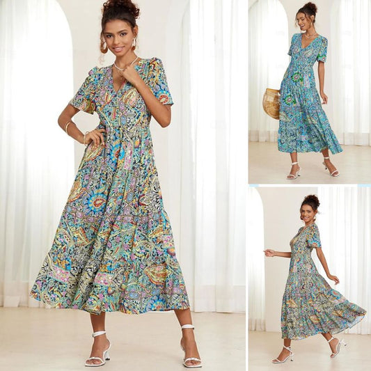 🌈【S-5XL】👗2025 Rochie nouă, sexy, cu decolteu în V, imprimată elegantă 