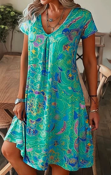 💕【S-5XL】Rochie lejeră de vară cu imprimeu larg, cu decolteu în V și mâneci scurte