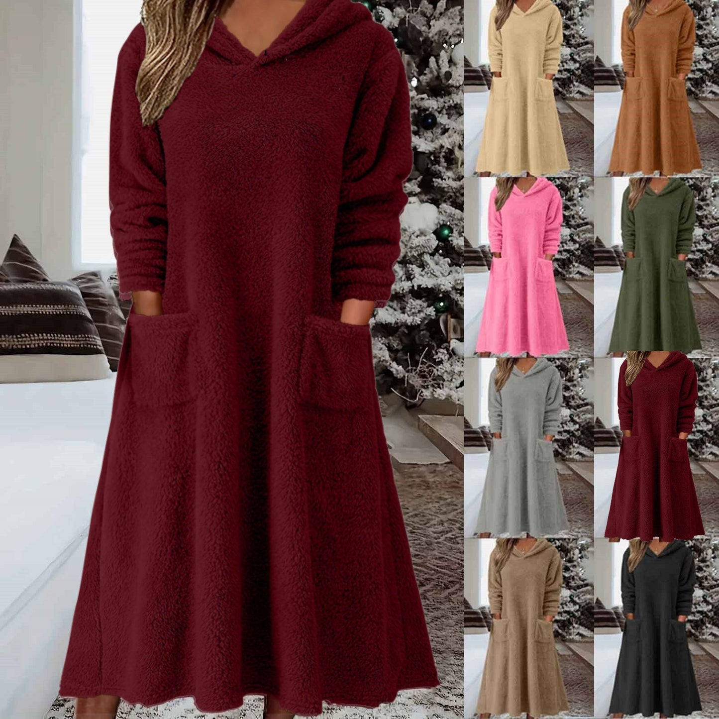 Ženska jesensko-zimska topla haljina｜Podstavljena s kapuljačom, dugi rukavi, s džepovima – za dom i van