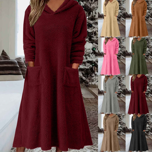 Ženska jesensko-zimska topla haljina｜Podstavljena s kapuljačom, dugi rukavi, s džepovima – za dom i van