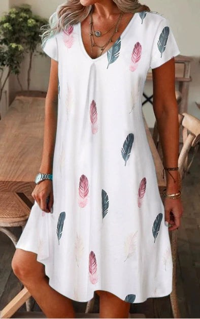💕【S-5XL】Rochie lejeră de vară cu imprimeu larg, cu decolteu în V și mâneci scurte