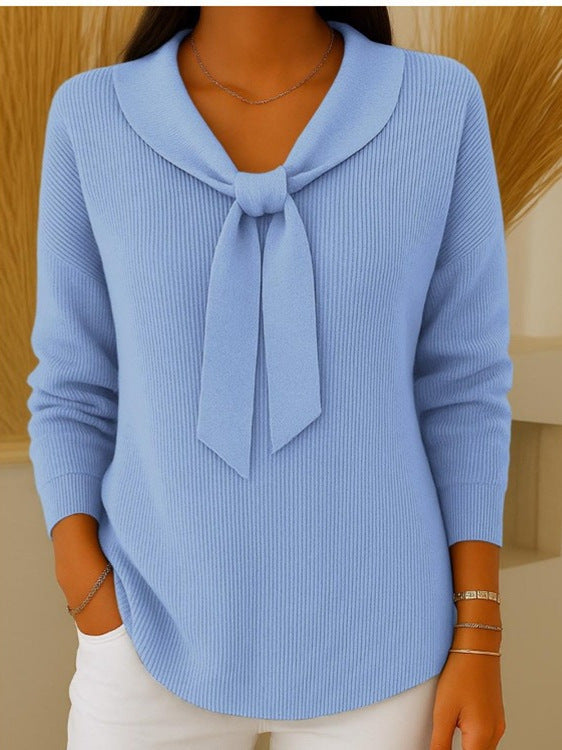 【S-2XL】Sweter damski w jednolitym kolorze z wiązaniem i długim rękawem. Miękka dzianina, elegancka kokarda — idealna na jesień i zimę