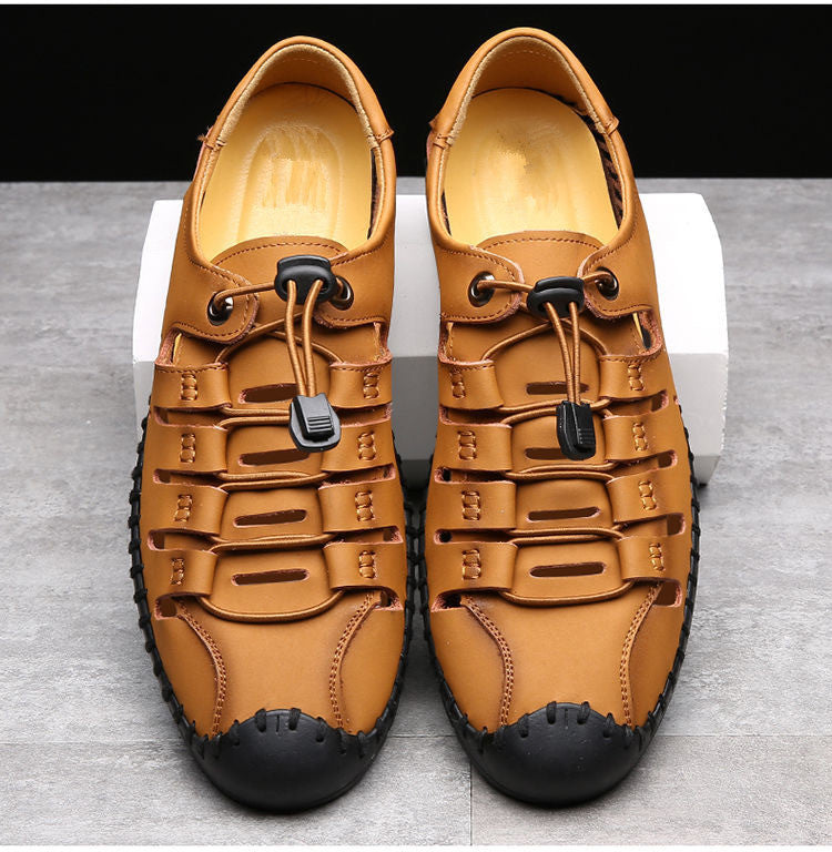 🌟 【39-44】Męskie, skórzane, letnie, zamknięte sandały plażowe z wydrążonymi palcami👞✨