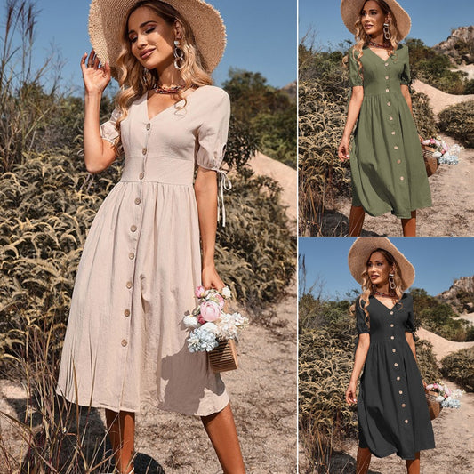 🌸Rochie de culoare uni cu maneca scurta cu decolteu in V
