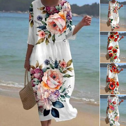🌸🔥【S-8XL】2025 noua rochie cu imprimeu floral decolteu rotund 